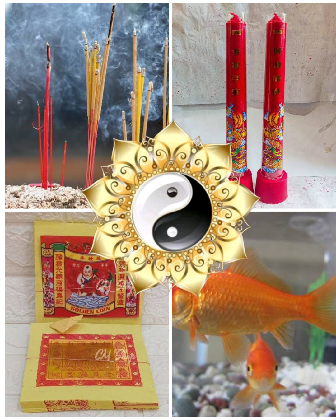 Paketan Ikan Emas, hio, Lilin,Buah dan Kimcua (Untuk Sembahyang & Ritual Doa Hajat)